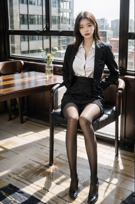 1 girl sitting on an office chair，Computer,(European model:1.3),31 years old,delicated,Business womenswear,(jaket:1.1),(The shirt:1.1),(Wrap skirt:1.1),jewelry,Hosiery,Stockings,black lence stockings，goosebumps,Goose - meat，（Fidelity：1.3），filigree，quality，（tmasterpiece：1.2），（Fidelity：1.2），（best qualtiy），（skin detailed：1.3），（Complicated details），dramatics，Ray traching，photore，Bathed in shadows，visual novel，The boss's office for a skyscraper，window with view on the city，filmgrain，depth of fields