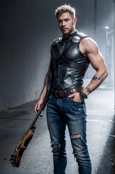 1male, thor with guitar, standing, adult, slim, buzz cut, punk man, mad max, (disheveled clothes: 1.4),