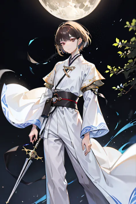 A man，Hanfu，kaftan，Wide sleeves，Deep clothing，white  clothes，brunette color hair，short detailed hair，blackigeyes，Stand in the tr...