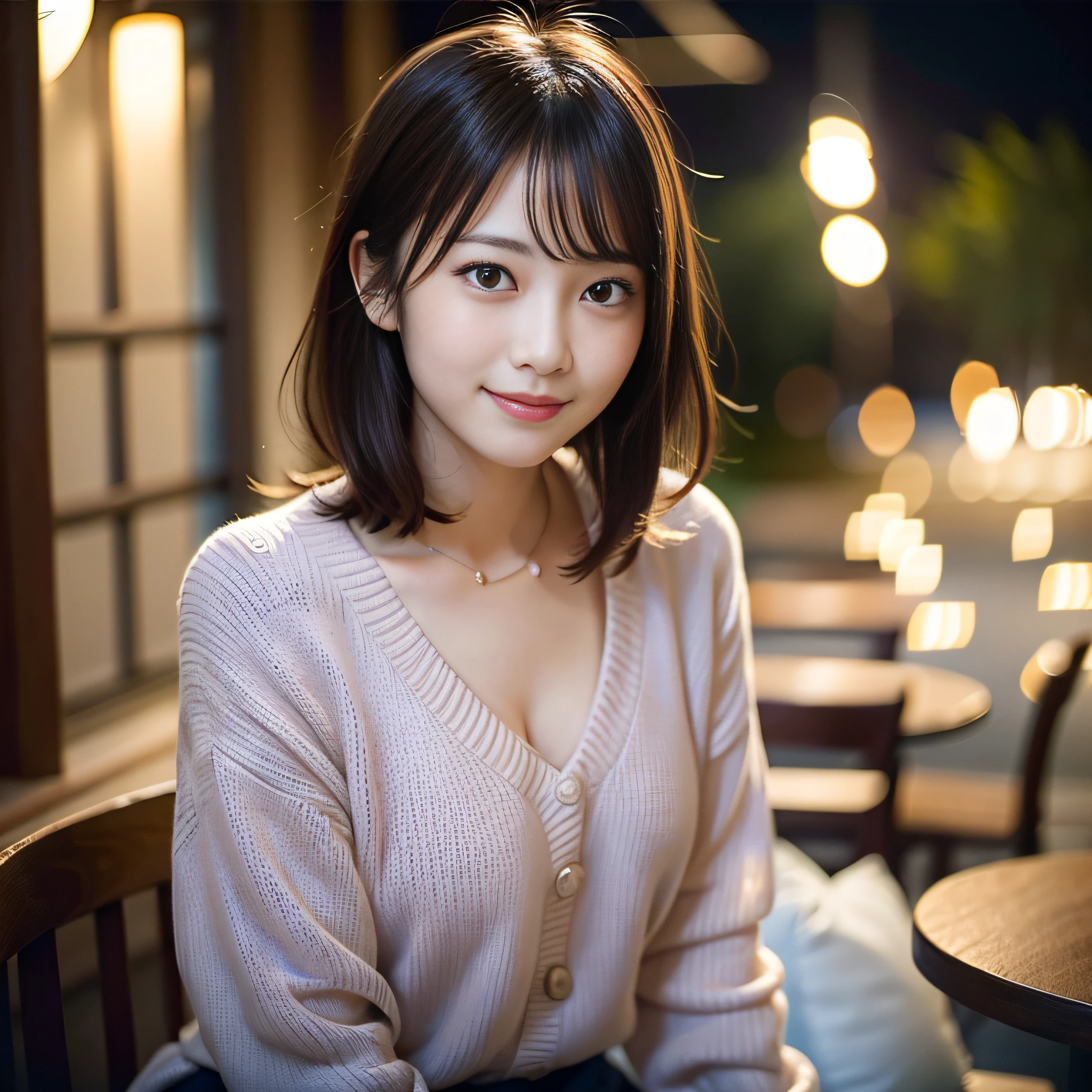 Japan girls in casual clothes、looking at the viewers、Pose with a smile(top-quality、​masterpiece)))、hight resolution、ighly detailed、​masterpiece、Movie Lighting、(8k、top-quality、​masterpiece:1.2)、(realisitic、Photorealsitic:1.37) Hi-Res、The ultra-detailed、1womanl 、nogizaka, cute  face、3:1.2、 solo,  Textured skin:1.2, beautiful smiling face,  Detailed Cafe, natta, Movie Lighting、 sitting on、Dating、(Shy smile:1.2)、Medium chest、beautiful finely detailed eyes、(Sweaters:1.1)、natta、from waist up:1.2、shorth hair