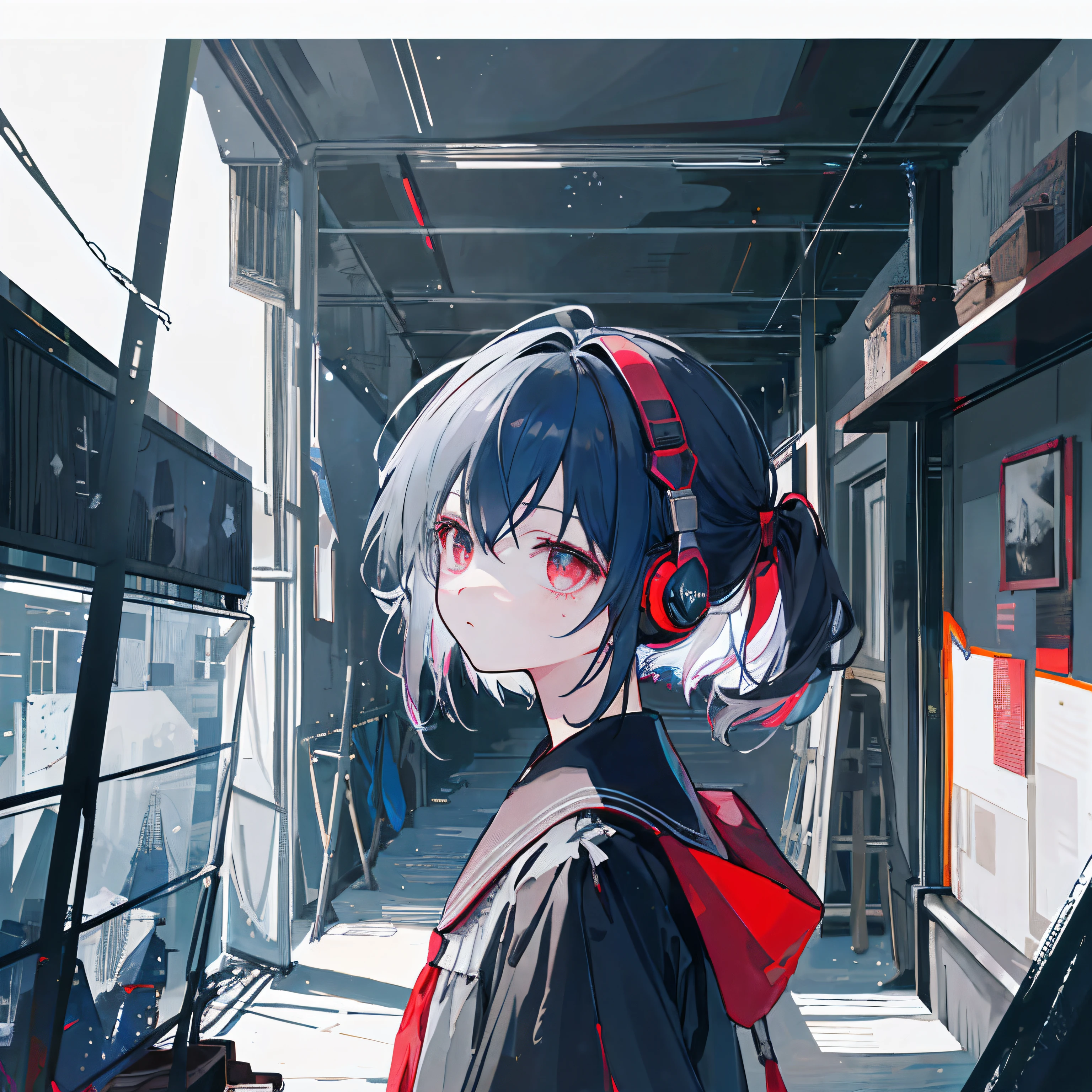 Anime girl with headphones in a train station - SeaArt AI