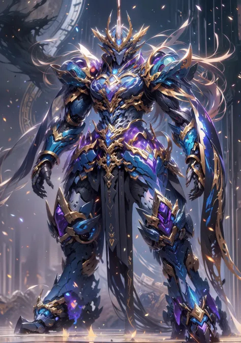 super wide shot, Full body frontal photo,Mecha male warrior，Heroic style of the Three Kingdoms,《Mech color: Purple deep series》，（《Romance of the Three Kingdoms》，《Sima Yi》，Magic weapon in hand，），（Full body mecha）, Keqing from Genshin Impact, (Masterpiece) ，...