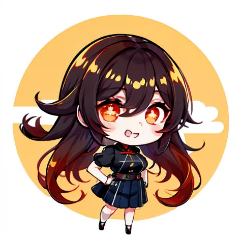 Hair over one eye、One Woman, 独奏, (twitch emote:1), Chibi, Brown hair, red eyes, , comic strip, white backgrounid, a sticker, Thick black outline,Denim dresses、Black blouse、hair down、Orange hair、、brown haired、Denim Long Skirt hutao