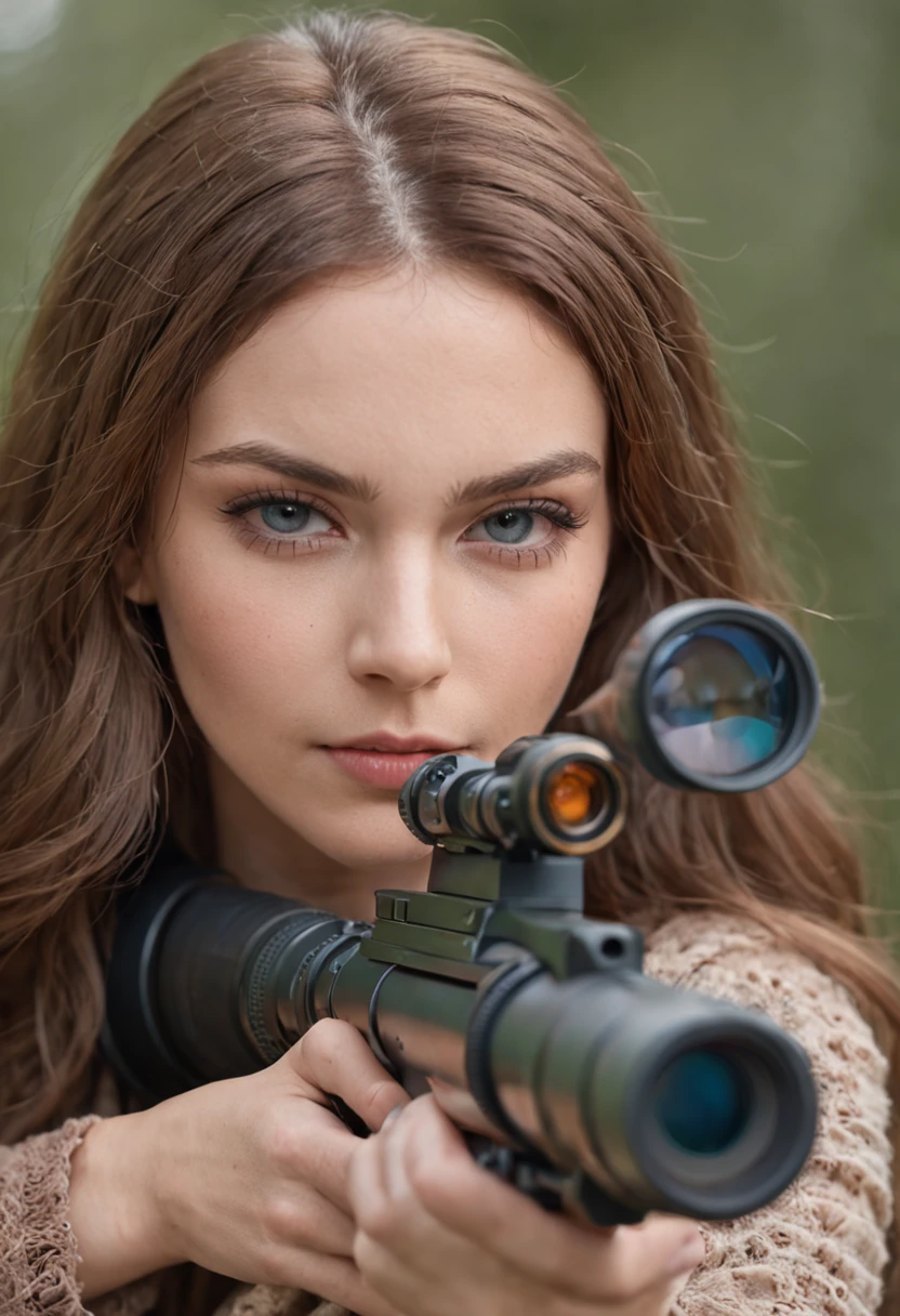 Beautiful girl sniper ambush in Big Blue House，Ready to shoot。