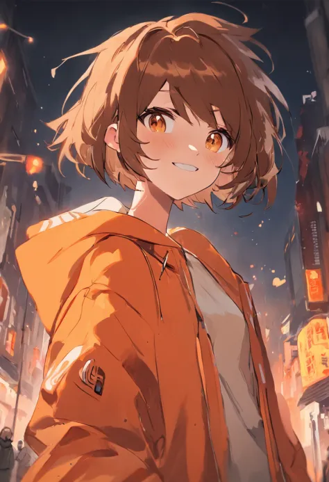 Youth！！！！Short brown hair, Hair fried slightly, Realistic wolf-eared, Orange sweatshirt, White quick-drying pants, Selfie stick, Playful expression, High quality, Masterpiece, Dark orange eyes, highly details eye, Medium shot, urban backdrop，The characters...