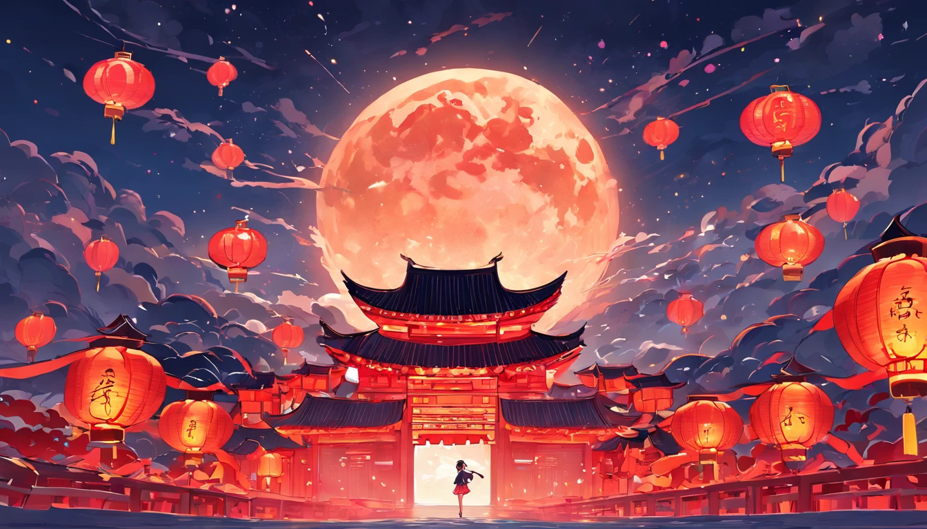 Mid-Autumn Festival，Moon cake， Auspicious clouds, Red lanterns, Exquisite ancient Chinese architecture, In the background is a huge moon, With vector line illustration, amarelo、Red and dark blue tones, Abstract picture, surrealism, Clear background trends, clear contour light, Edge light, fantasy, Dappled light, Flat illustration,Disney style, 8K, --AR 9:16 --q 2 --niji 5