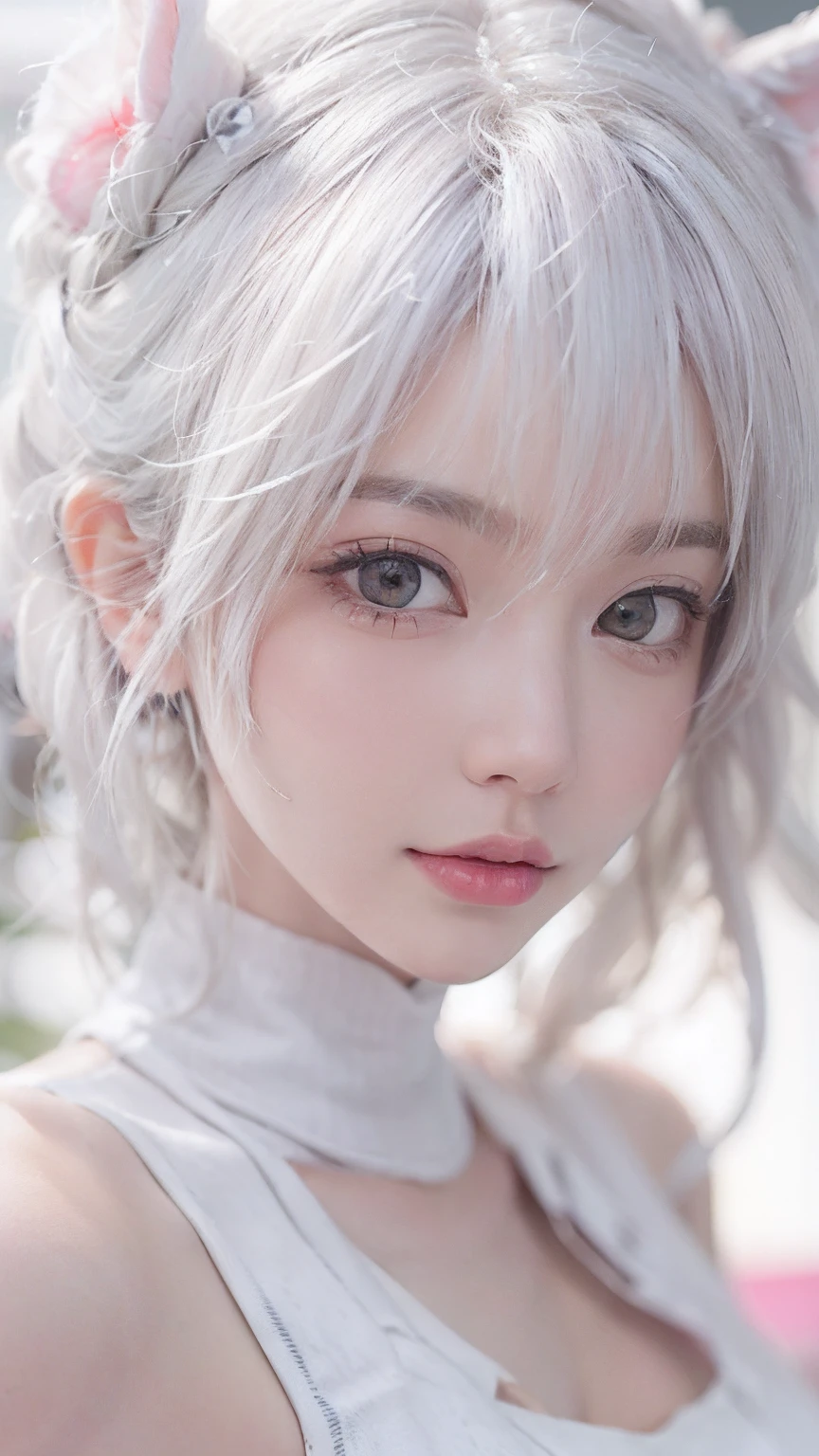 A close up of a woman with white hair and a cat ear - SeaArt AI