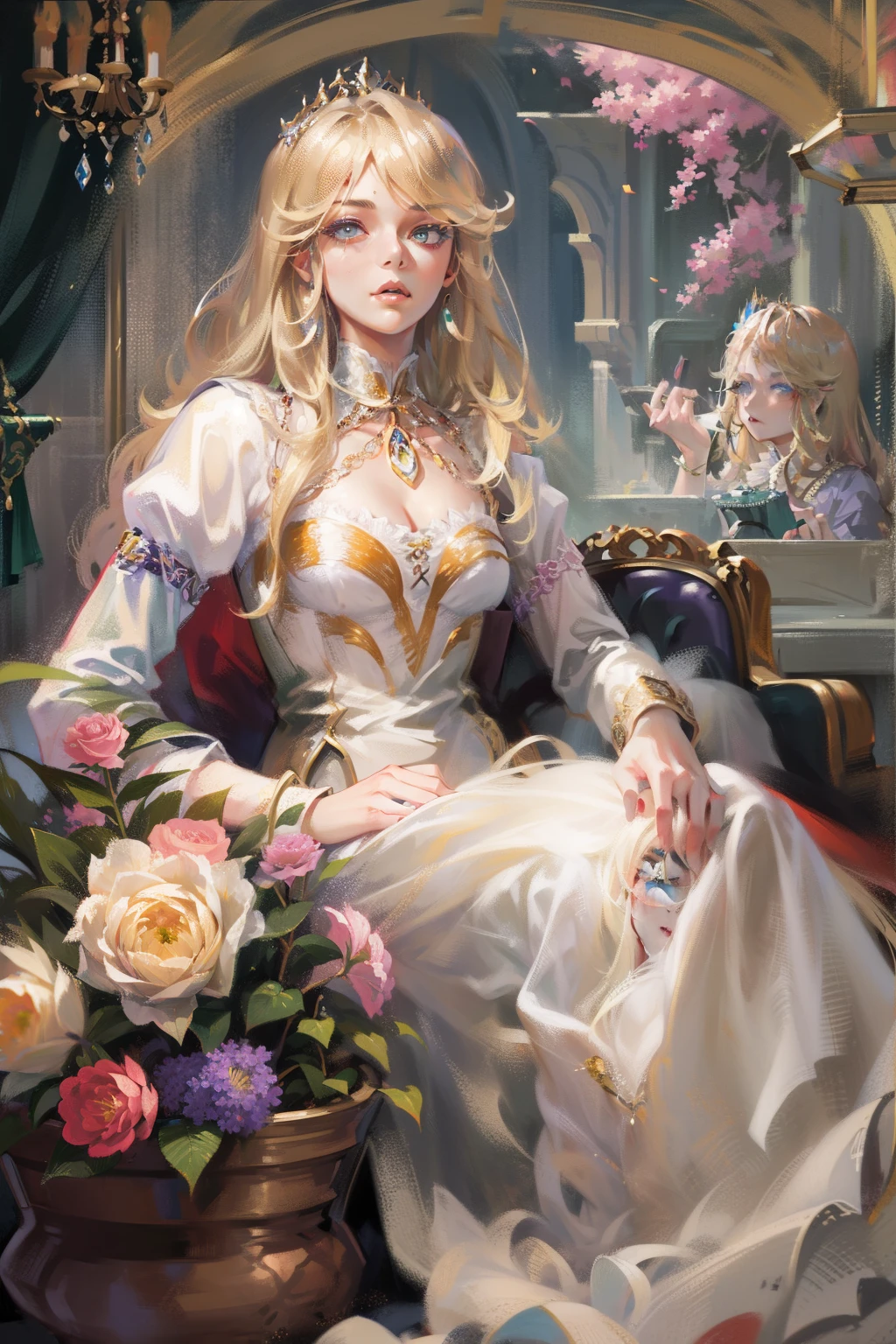 A woman sits in a huge makeup case，hold a flower, princess portrait, Guviz-style artwork, blond-haired princess, portrait of princess, Guviz, kazakh empress, portrait of a princess, portrait of princess zelda, in the art style of bowater, Baroque fluffy skirt，Fantasy art style, beautiful fantasy maiden，Exquisite and perfect facial features，美丽细致的眼睛，long eyelasher，Delicate eyeliner，almond eyes，Beautiful lip details，8K high-definition，anatomy correct，Oil painting thick painting style