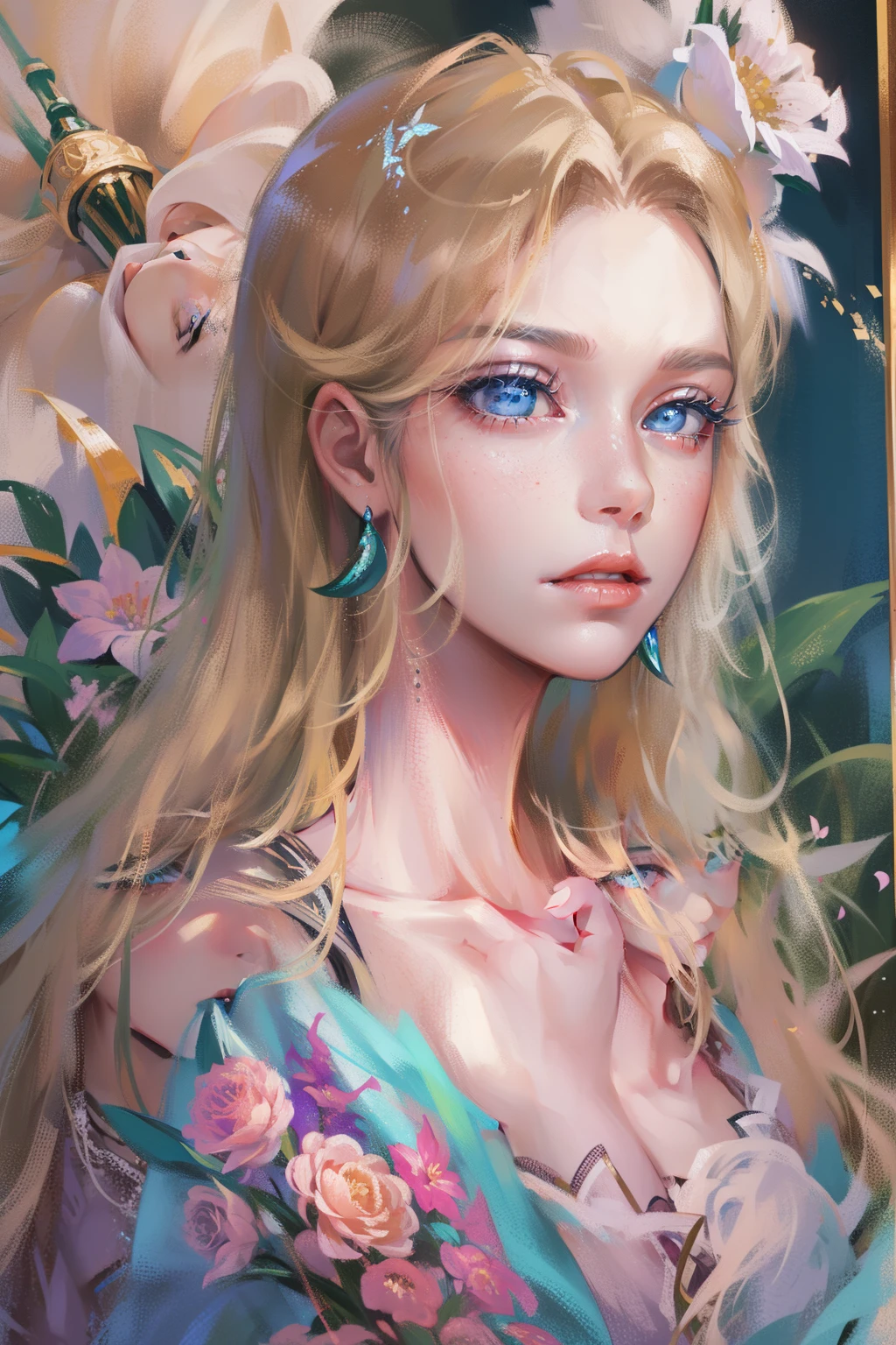 A woman sits in a huge makeup case，hold a flower, princess portrait, Guviz-style artwork, blond-haired princess, portrait of princess, Guviz, kazakh empress, portrait of a princess, portrait of princess zelda, in the art style of bowater, Baroque fluffy skirt，Fantasy art style, beautiful fantasy maiden，Exquisite and perfect facial features，美丽细致的眼睛，long eyelasher，Delicate eyeliner，Blue eyes，Dark pupils，There are highlights in the eyes，almond eyes，Beautiful lip details，8K high-definition，anatomy correct，Oil painting thick painting style