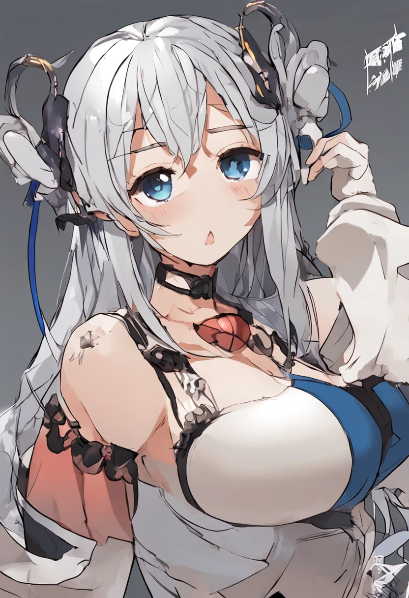 spread , ass_visible_through_thighs, masterpiece, comic, silver hair, twintails, hair ribbon, nose blush , blue eyes, half-closed eyes, breasts out, medium breasts, shorts under skirt, black thighhighs, high heels, fingerless gloves, hand on another's hip, yokozuwari, breast_grab, nipple_tweak, game_cg,