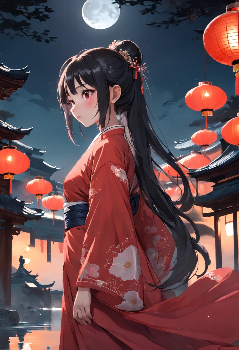 1girll，moon full，Chinese outfit，shift dresses，Black color hair，looking at viewert，are standing，Red dress，Hanfu，longer sleeves，long  skirt，Reflective floor，long whitr hair，full bodyesbian，natta，hair-bun，hair adornments，jewely，耳Nipple Ring，drippy，airbubble，janelas，Reflective water surface，Faraway view，wide angles，atmospurate，noble，Wallpapers，art-deco，High detail texture，concept-art，romanticism lain，CLMP style，Ghibli-style coloriyazaki animation style，Animation style，up-close，macro photograph，Unified 16K，hyper-detailing，Precise，best qualtiy，hyper HD，tmasterpiece，