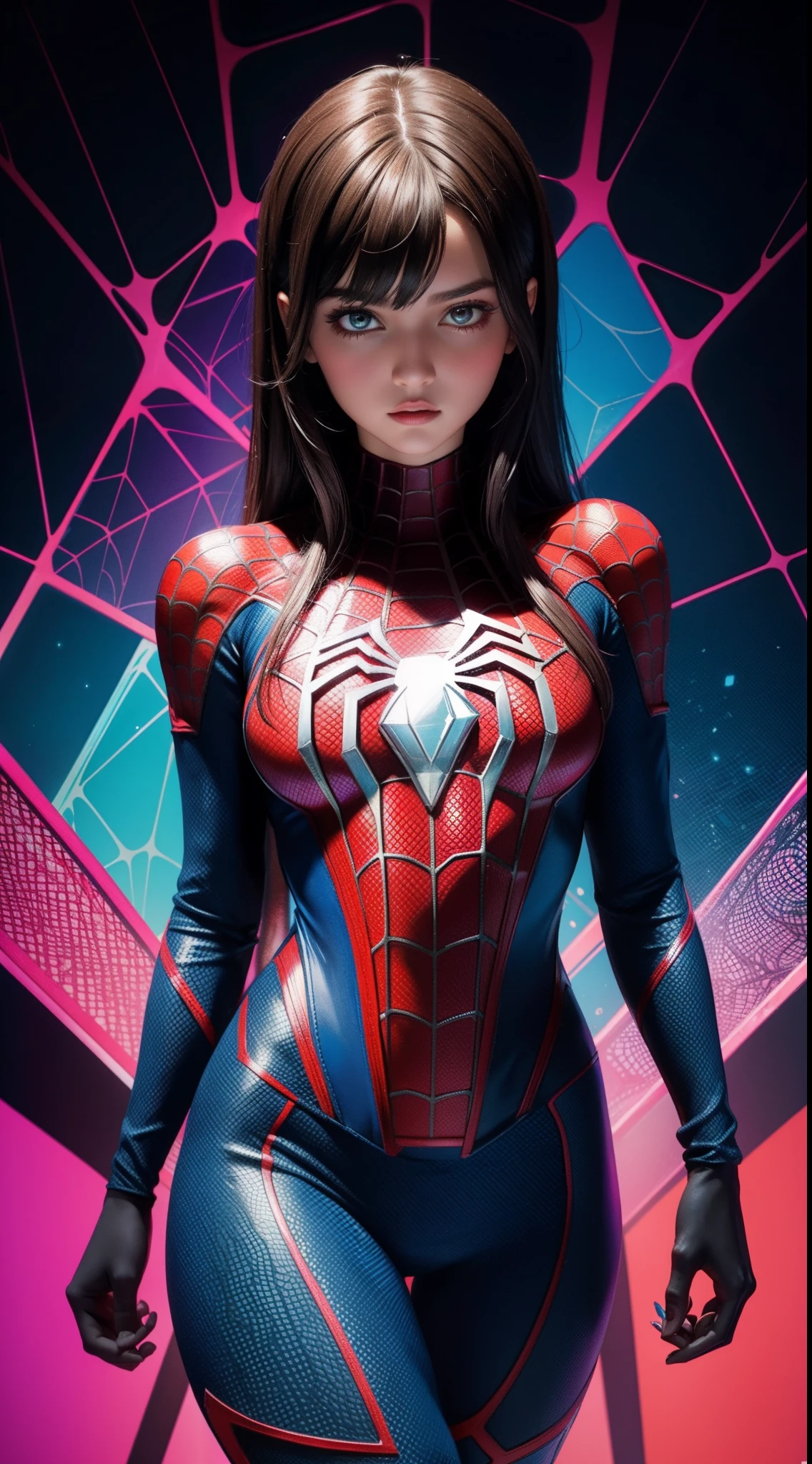 Spider-Girl из комиксов Marvel, Masterpiece, Best Quality, abstract, Psychedelic, Neon, (honeycomb pattern), (creative:1.3), Sy3, SMM, fantasy00d