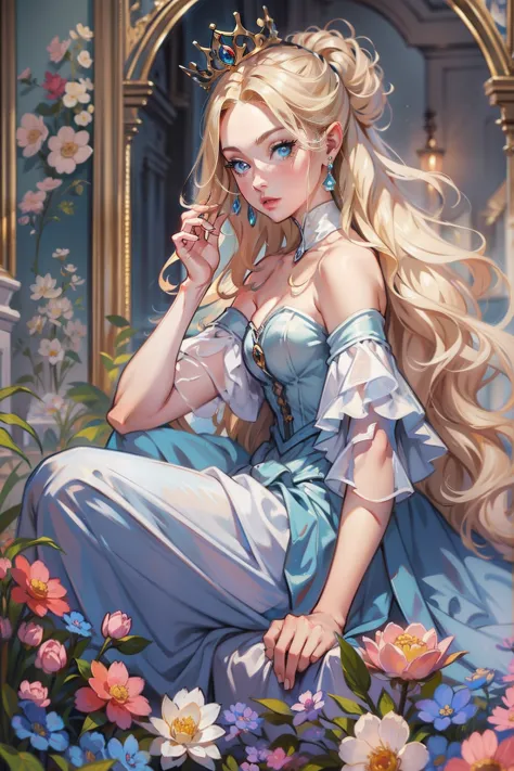 A woman sits in a huge makeup case，hold a flower, princess portrait, Guviz-style artwork, blond-haired princess, portrait of pri...
