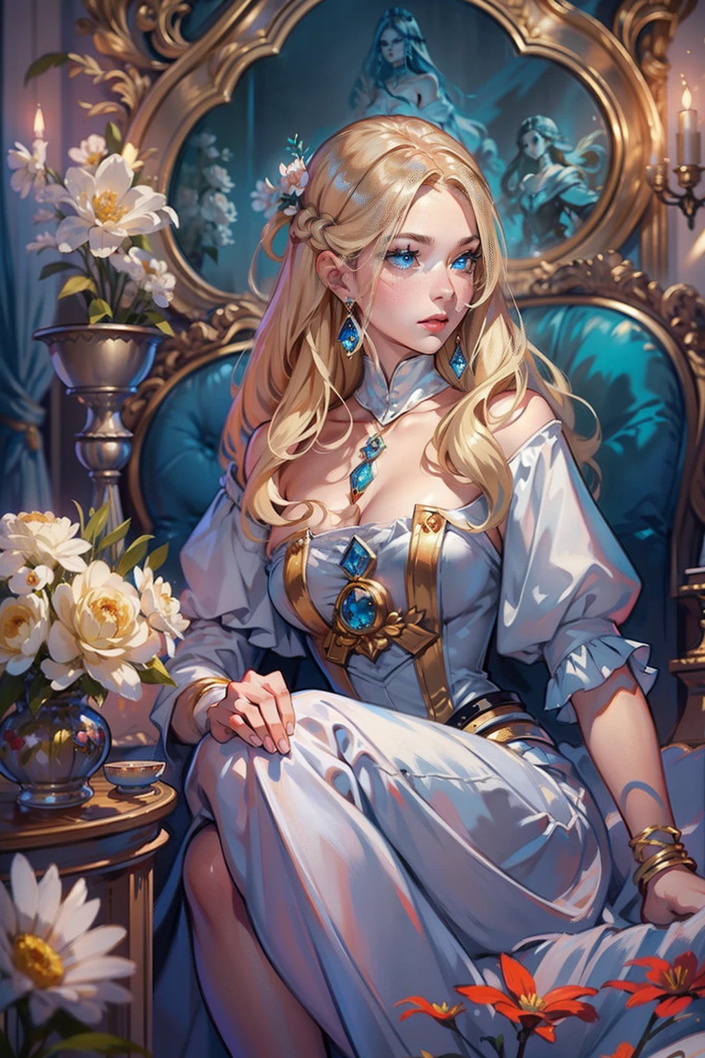 A woman sits in a huge makeup case，hold a flower, princess portrait, Guviz-style artwork, blond-haired princess, portrait of princess, Guviz, kazakh empress, portrait of a princess, portrait of princess zelda, in the art style of bowater, Baroque fluffy skirt，Fantasy art style, beautiful fantasy maiden，Exquisite and perfect facial features，美丽细致的眼睛，long eyelasher，Delicate eyeliner，Blue eyes，Dark pupils，There are bright spots in the eyes，almond eyes，Beautiful lip details，8K high-definition，anatomy correct，Oil painting thick painting style