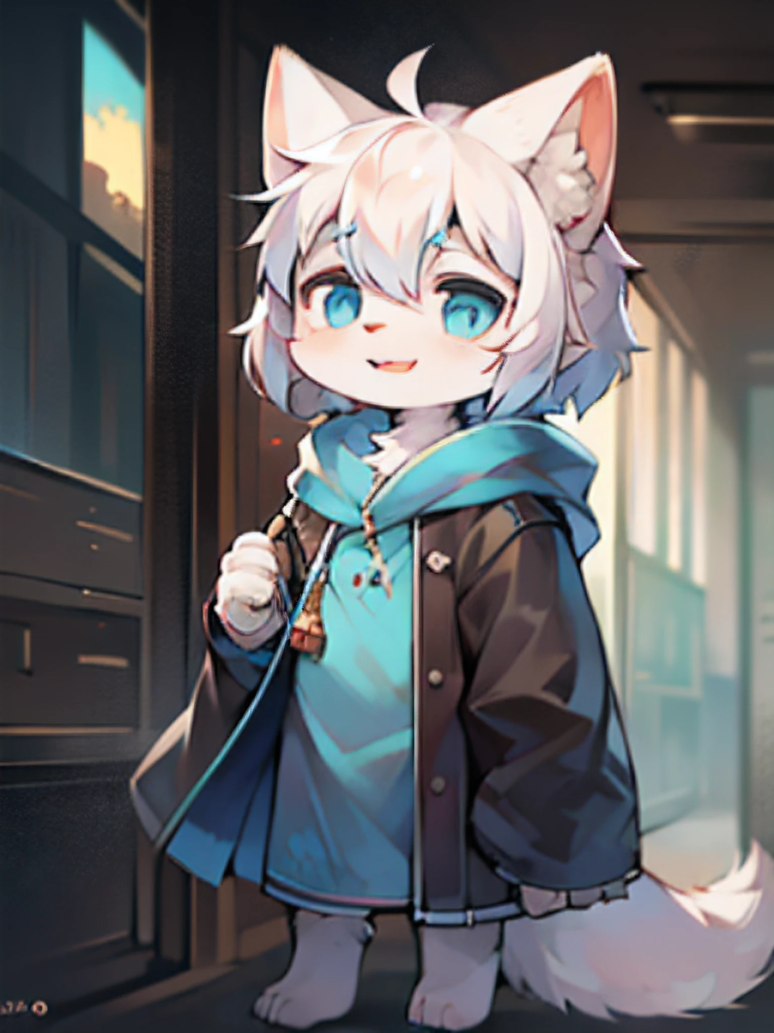 (8K, Best quality, Masterpiece:1.2),Masterpiece,High quality,abstract res,Digital painting\(artwork of a\), Yupa,Kiyosan,(anthro,Fluffy fur,Character focus:1.1),anthro male cat,Short hair, eyes with brightness, in a panoramic view, Character focus.(detailedbackground:0.7), solo, shaggy, shaggy male, malefocus, anthr,(Short head，Full Body Furry, Fluffy tail, Pure white fur, White ears，White，blue color eyes, White color hair:1.2), (long canines、Handheld telephoto lens、cloaks：1.2），Confident and happy expression,kawaii,Cute,Fancy,Fragile,Cool,Handsome. Look into the distance