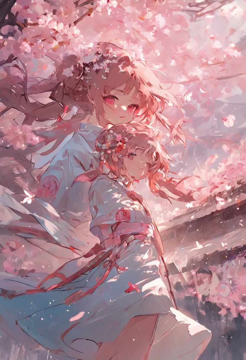 Anime girl with pink hair and white dress under cherry blossom - SeaArt AI