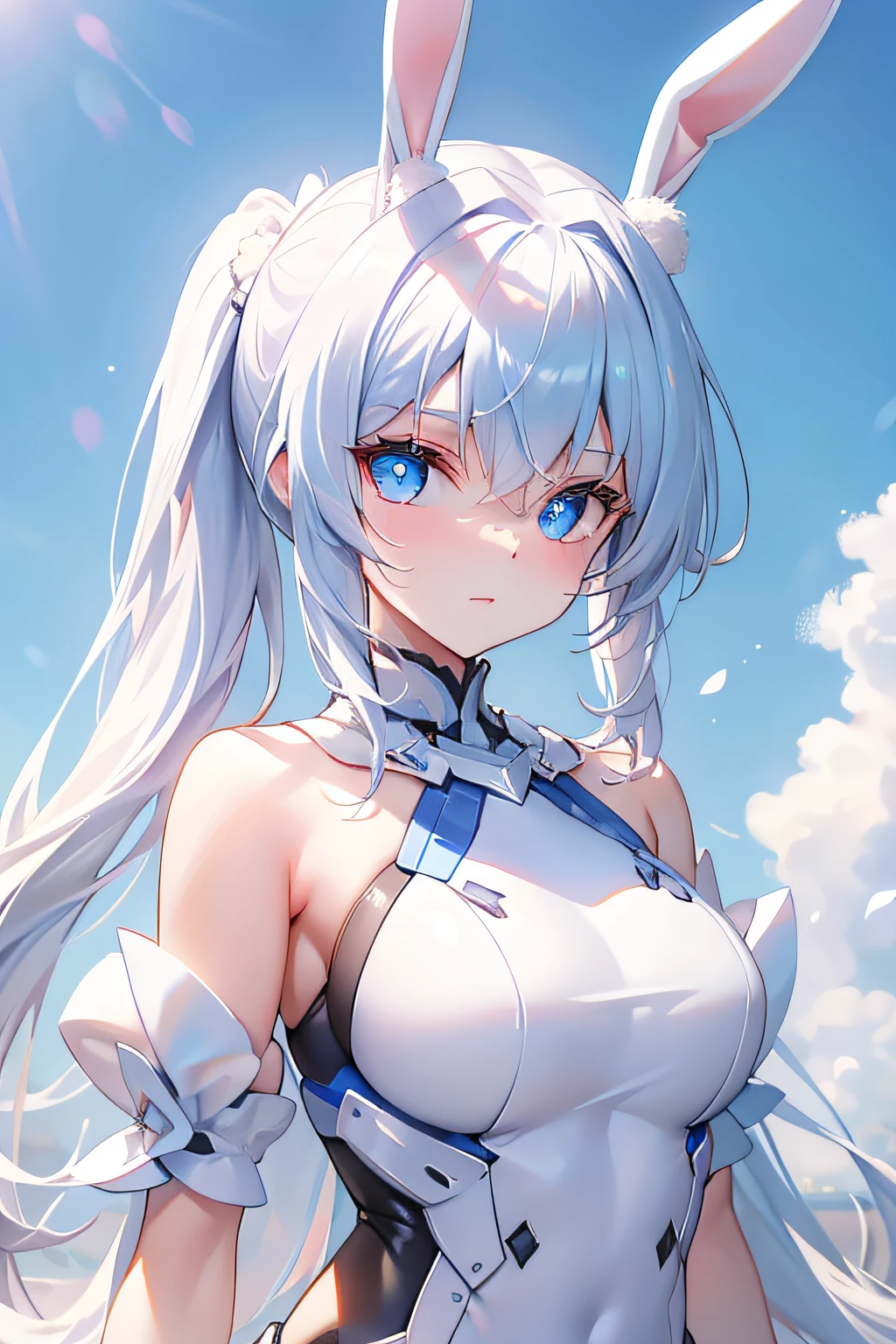 White double ponytail，skyblue eyes，Bunny ears，White dress，frontage