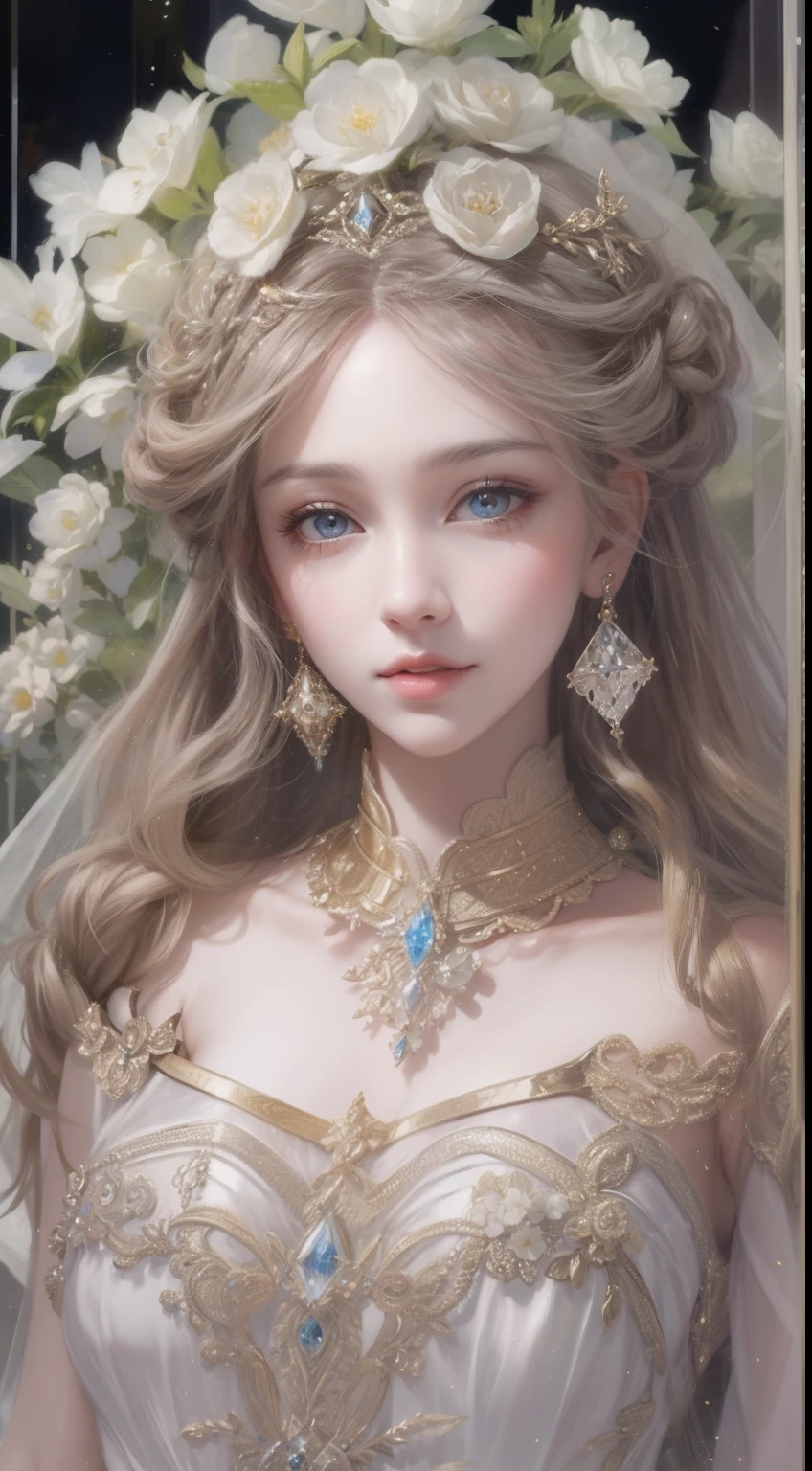 tmasterpiece，Highest high resolution，Bust of a beautiful noble maiden，Delicate braided hair，Coiled hair，Shining clear eyes，The hair is covered with beautiful and delicate floral craftsmanship, crystal、Diamond jewelry filigree，Ultra-detailed details，upscaled，softlighting。