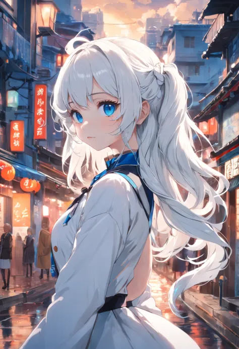 white color hair，Double ponytail curls，blue color eyes，White Lolita，Beth，A bustling city street