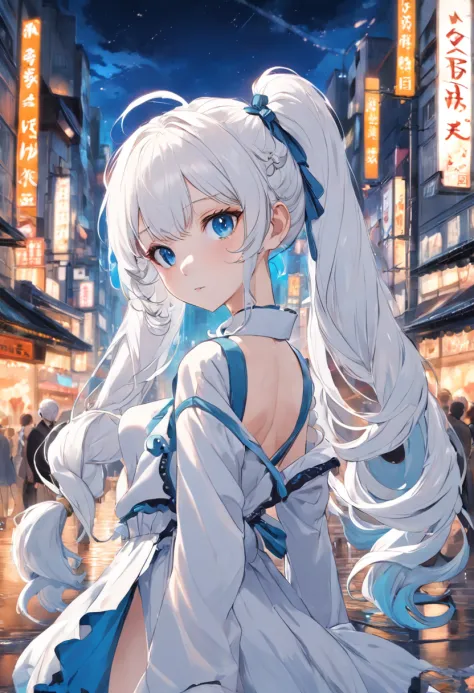 white color hair，Double ponytail curls，blue color eyes，White Lolita，Beth，A bustling city street