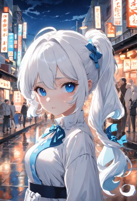white color hair，Double ponytail curls，blue color eyes，White Lolita ...
