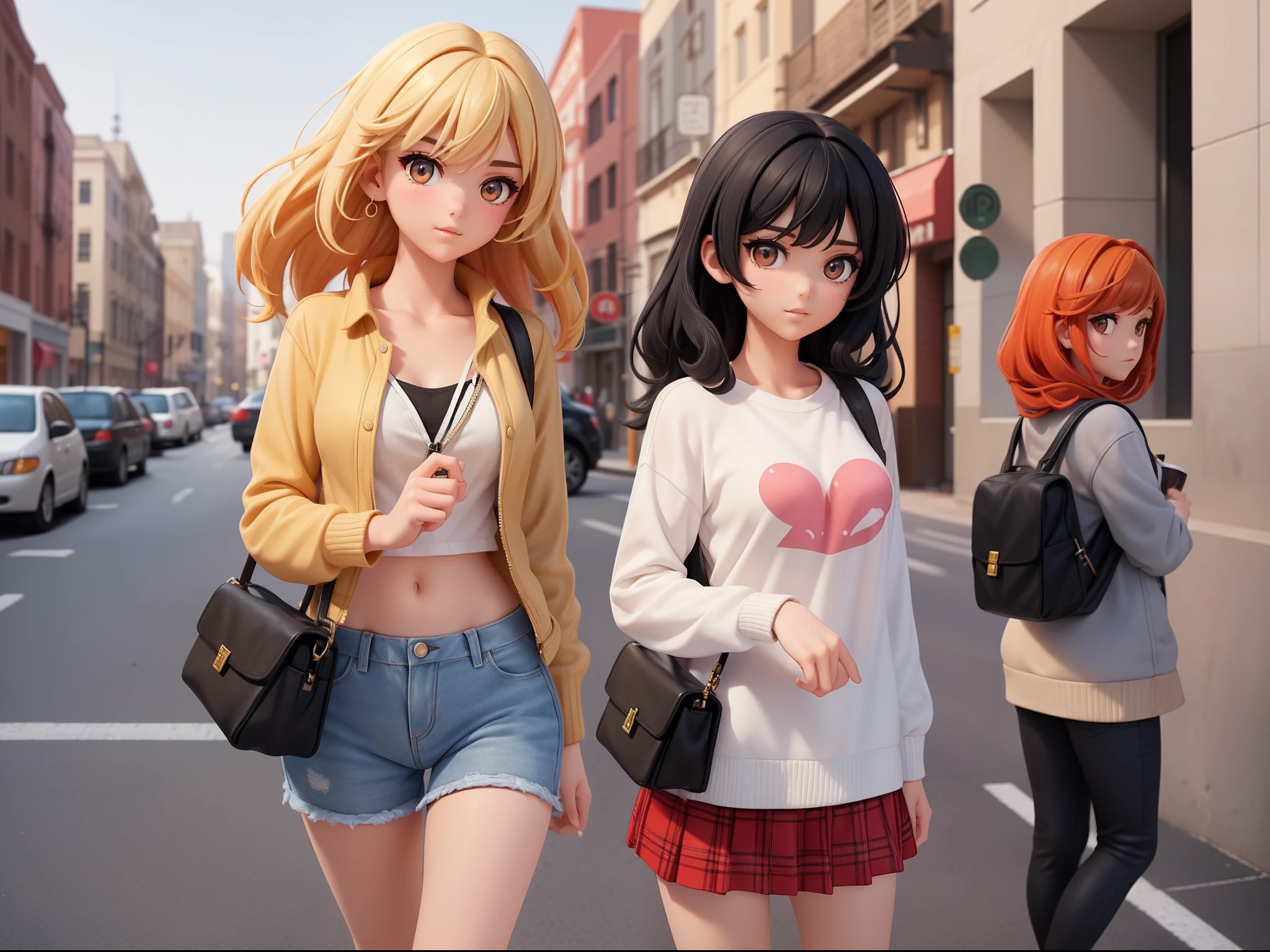 (1st girl, black hair), (2nd girl, blonde), (3rd girl, red hair), perfect face, on the street, masterpiece, super detail, best quality