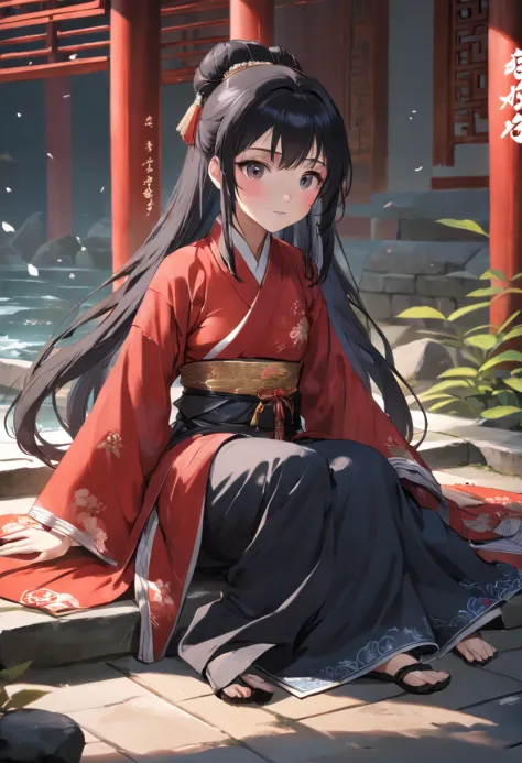 1girll，Sitting happily on the box and looking at the money on the ground，Wearing Chinese clothing，shift dresses，black color hair，Red dress，Hanfu，longer sleeves，long  skirt，long whitr hair，full bodyesbian，natta，hair-bun，hair adornments，jewely，耳Nipple Ring，a...