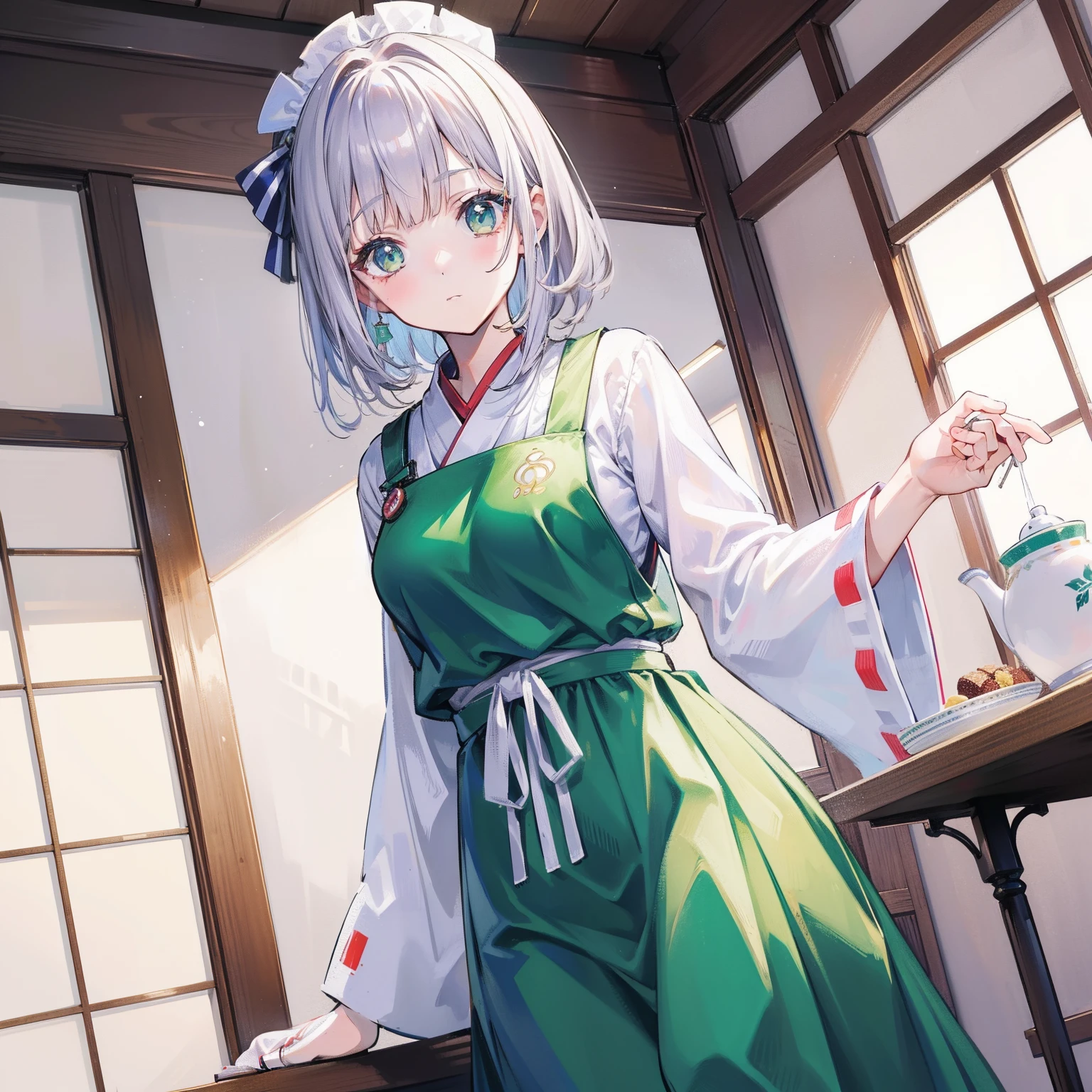 masutepiece, Fine detail, 4K, 8K, 12K, Solo, 1 person, Beautiful Girl, caucasian female, Yom Compaq, Japan waitress costume, Green skirt, White Apron, Wide sleeves, Komono, long boots、in a house、Retro