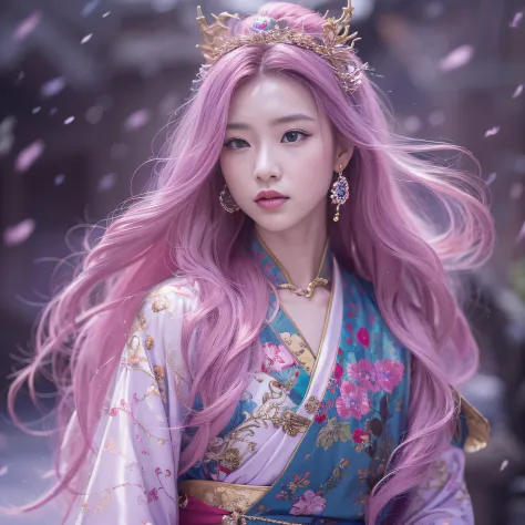 32K（tmasterpiece，k hd，hyper HD，32K）Long flowing purple-pink hair，Xuzhou female student ，Bronze Dragon Protector （realisticlying：...