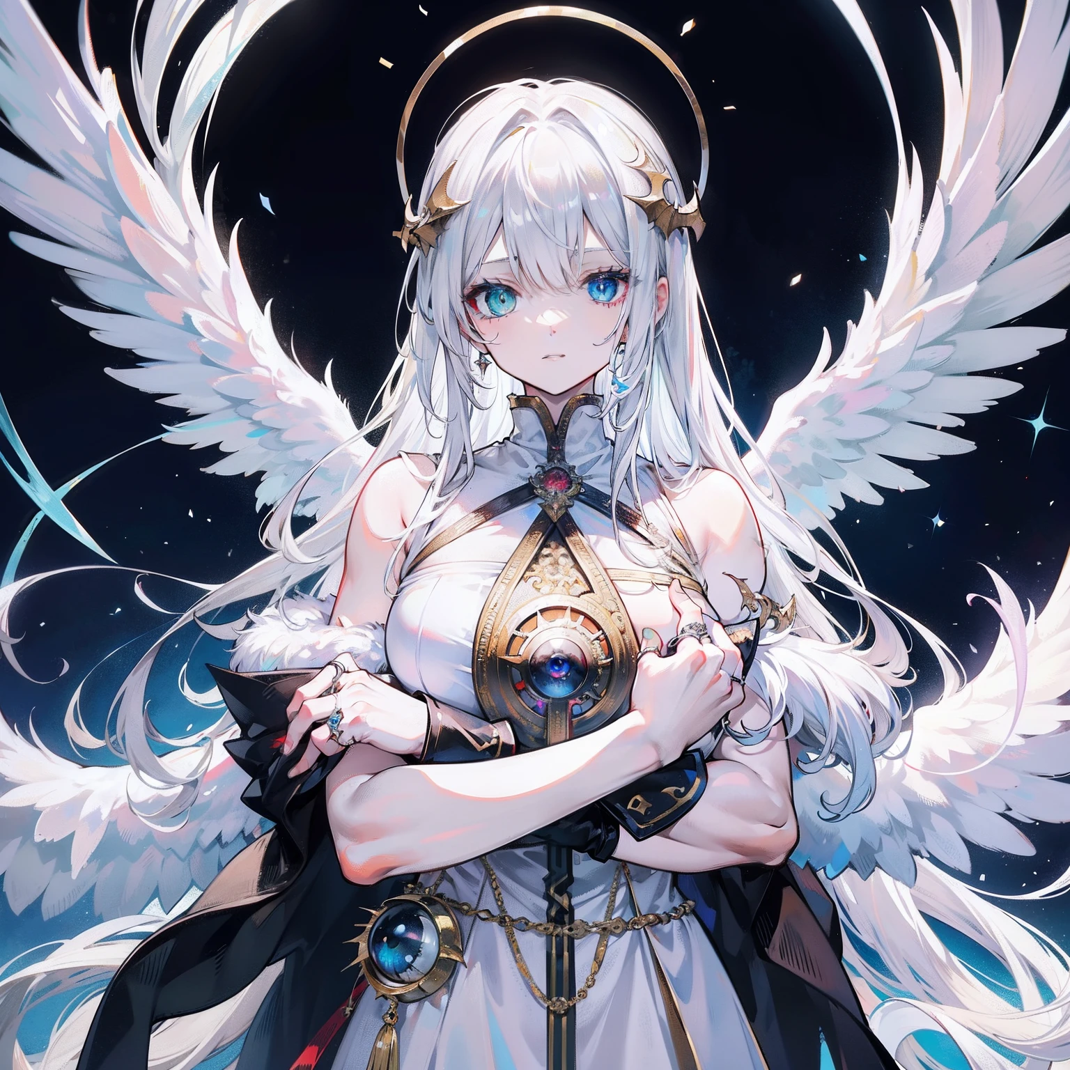 Anime angel girl with white hair and blue eyes holding a sword - SeaArt AI