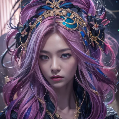 32k（tmasterpiece，k hd，hyper hd，32k）long flowing purple-pink hair，autumn pond，zydink， a color，  tongzhou people （girl with glowin...