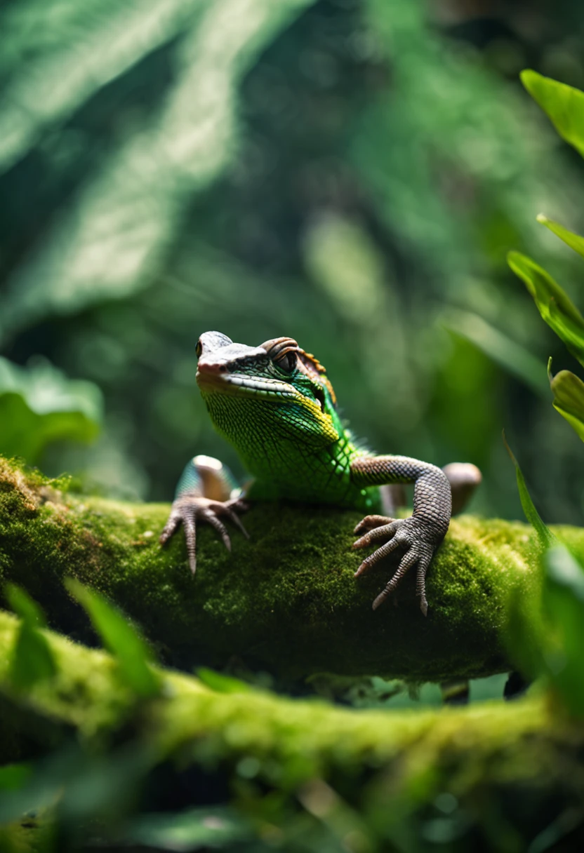 High nation-geographic symmetrical close-up portrait shoot in green jungle of an expressive lizard, anamorphic lens, ultra-realistic, hyper-detailed, green-core, jungle-core –ar 16:9 –q 2 –v 5