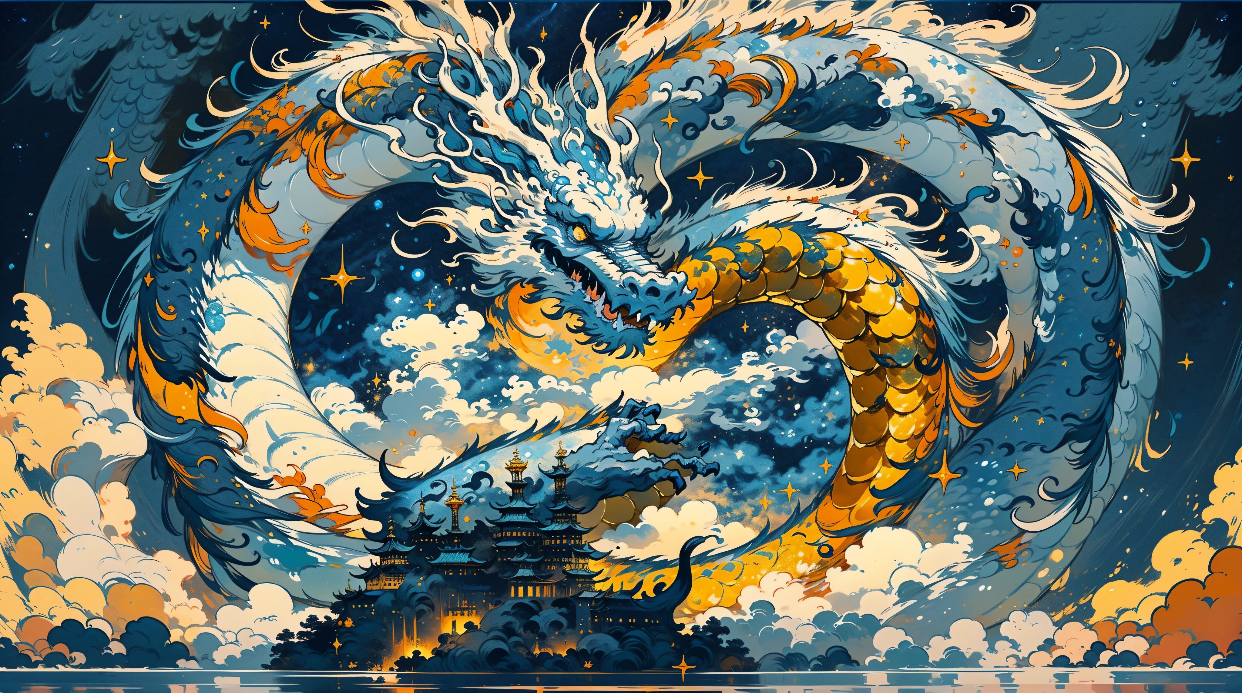 Gagnez un nouveau voyage de dizaines de milliards。Dragon de bon augure complet，Il y a des robinets，percer les nuages。Fond de ciel étoilé bleu foncé。Correspondance des couleurs des marées nationales。Monuments du Guangdong, La Chine est dans les coulisses，imminent。La lumière pénètre les nuages。