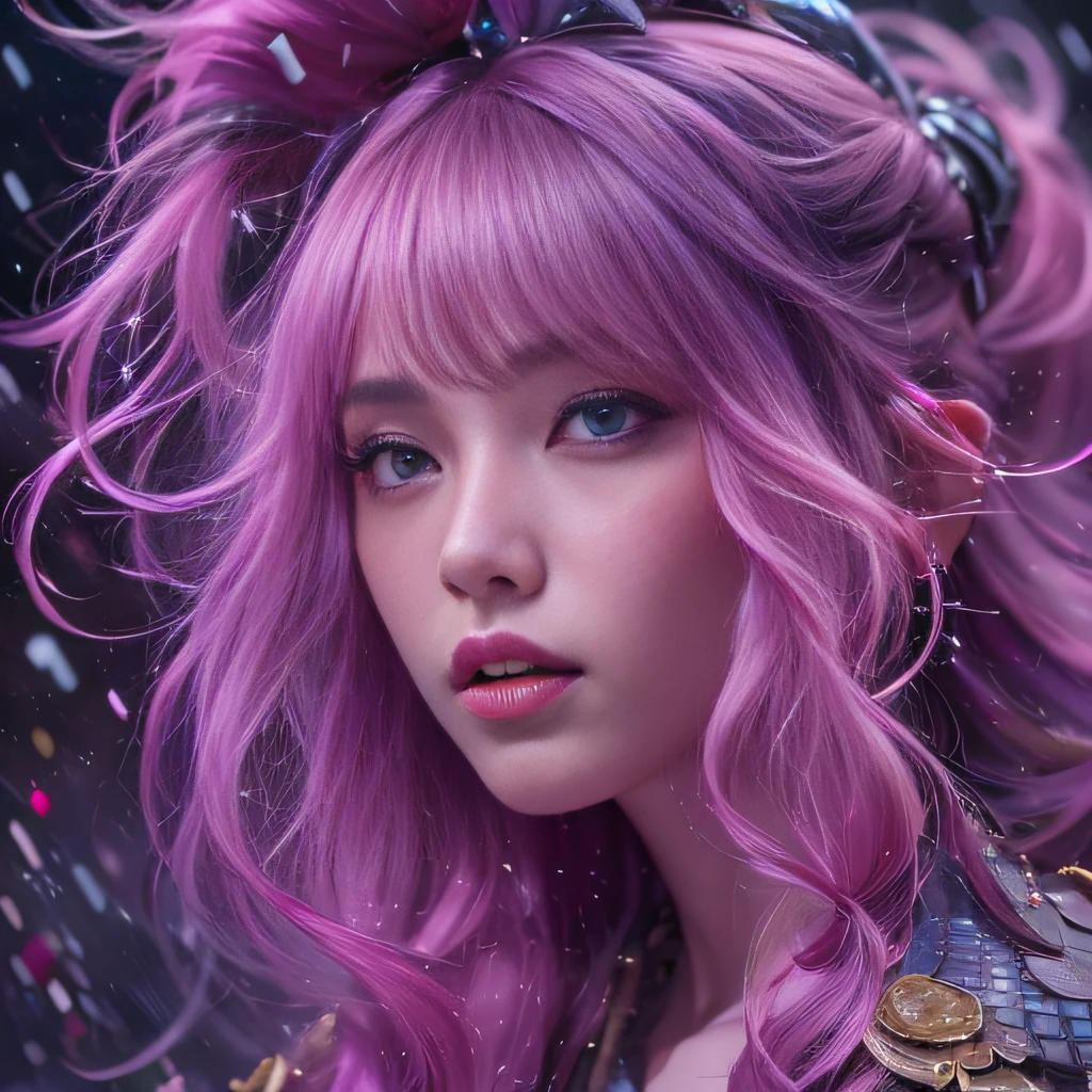 32K（tmasterpiece，k hd，hyper HD，32K）Long flowing purple-pink hair，Autumn Pond，zydink， a color，  Tongzhou people （Girl with glowing eyes）， （Thin silk scarf）， Combat posture， looking at the ground， long whitr hair， Floating hair， Python headdress， Chinese long-sleeved clothing， （abstract ink splash：1.2）， white backgrounid，Lotus protector（realisticlying：1.4），Purple-pink hair，Smoke and rain，The background is pure， A high resolution， the detail， RAW photogr， Sharp Re， Nikon D850 Film Stock Photo by Jefferies Lee 4 Kodak Portra 400 Camera F1.6 shots, Rich colors, ultra-realistic vivid textures, Dramatic lighting, Unreal Engine Art Station Trend, cinestir 800，Long flowing purple-pink hair