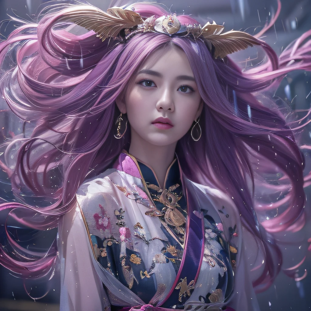 32K（tmasterpiece，k hd，hyper HD，32K）Long flowing purple-pink hair，Autumn Pond，zydink， a color，  Tongzhou people （Girl with glowing eyes）， （Thin silk scarf）， Combat posture， looking at the ground， long whitr hair， Floating hair， Python headdress， Chinese long-sleeved clothing， （abstract ink splash：1.2）， white backgrounid，Lotus protector（realisticlying：1.4），Purple-pink hair，Smoke and rain，The background is pure， A high resolution， the detail， RAW photogr， Sharp Re， Nikon D850 Film Stock Photo by Jefferies Lee 4 Kodak Portra 400 Camera F1.6 shots, Rich colors, ultra-realistic vivid textures, Dramatic lighting, Unreal Engine Art Station Trend, cinestir 800，Long flowing purple-pink hair