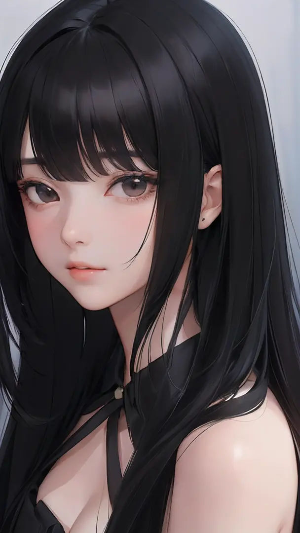 (masterpiece:1.2, best quality), (artwork:1.2), (beautifull detailed face:1.3), 1girl in, (long Black hair with bangs), (cabelo ondulado: 0.7), (portrait:1:1), (extremely drawn eyes:1.2), cinematic lighting, soft lighting, flat chest, Black eyes, (Ultra-de...