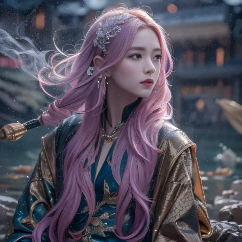 32K（tmasterpiece，k hd，hyper HD，32K）Long flowing purple-pink hair，Autumn Pond，zydink， a color，  Tongzhou people （Girl with glowin...