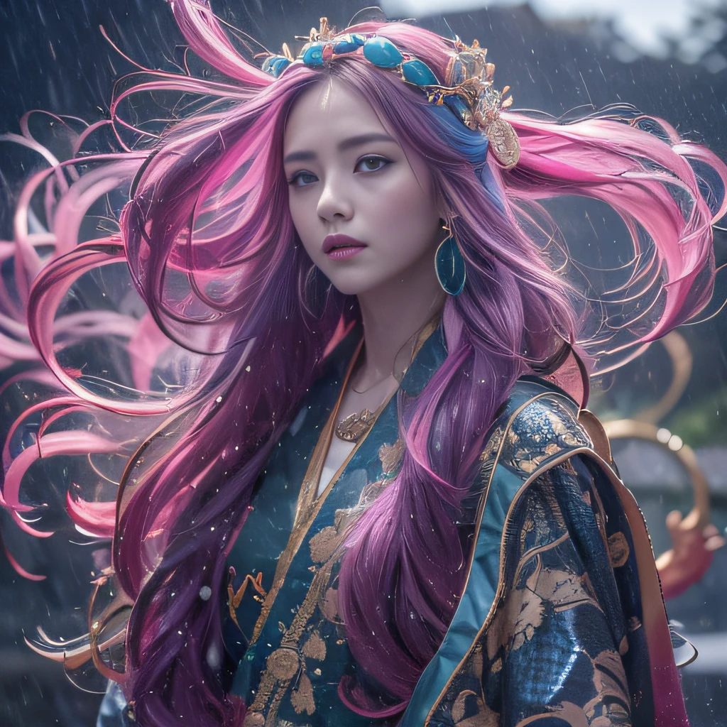 32K（tmasterpiece，k hd，hyper HD，32K）Long flowing purple-pink hair，Autumn Pond，zydink， a color，  Tongzhou people （Girl with glowing eyes）， （Thin silk scarf）， Combat posture， looking at the ground， long whitr hair， Floating hair， Python headdress， Chinese long-sleeved clothing， （abstract ink splash：1.2）， white backgrounid，Lotus protector（realisticlying：1.4），Purple-pink hair，Smoke and rain，The background is pure， A high resolution， the detail， RAW photogr， Sharp Re， Nikon D850 Film Stock Photo by Jefferies Lee 4 Kodak Portra 400 Camera F1.6 shots, Rich colors, ultra-realistic vivid textures, Dramatic lighting, Unreal Engine Art Station Trend, cinestir 800，Long flowing purple-pink hair