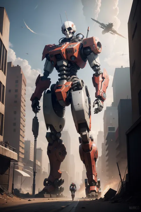 A full-length portrait of a red-eyed ancient robot standing in front of the Mechanical City, gear mecha, painterly humanoid mecha, tremendous mecha robot, Machinary, mega humanoid mech, Steampunk-style mech, anime large mecha robot, giant anime mecha, meta...