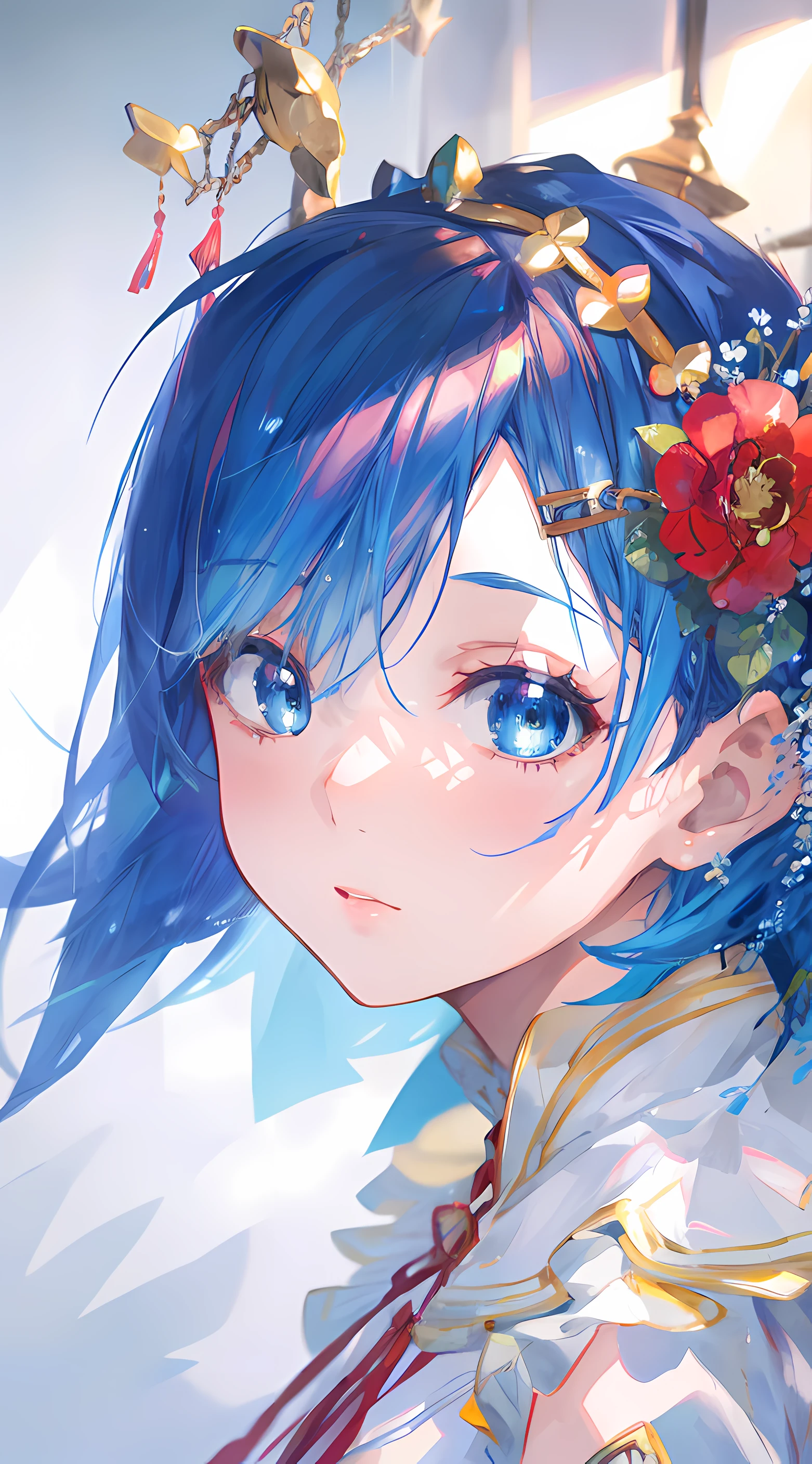 (masterpiece, best quality:1), (photorealistic:1.1), light, depth of field, (detailed face, face focus:1), ultra detailed, 8k, intricate details, hiqcg, 1girl,blue hair, solo,anime, looking at viewer,