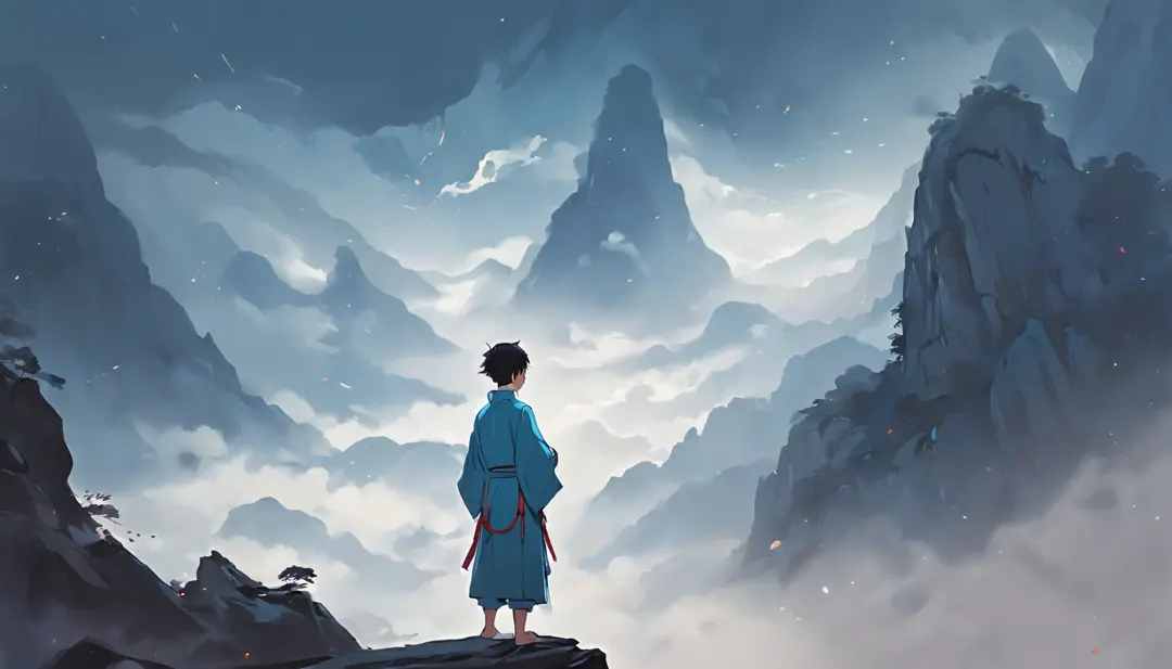 Remote mountains, clouds and mist, a boy in Daoist robe, practicing alchemy, gazing into the distance, imbued with a fantasy martial arts atmosphere.