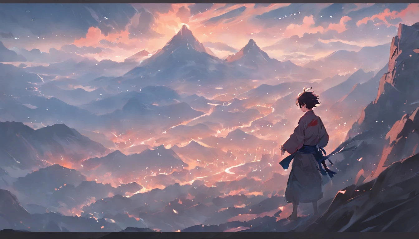 Distant mountains, misty clouds, a boy in Daoist robes, alchemy practice, a distant perspective, and a touch of immortal martial arts style.