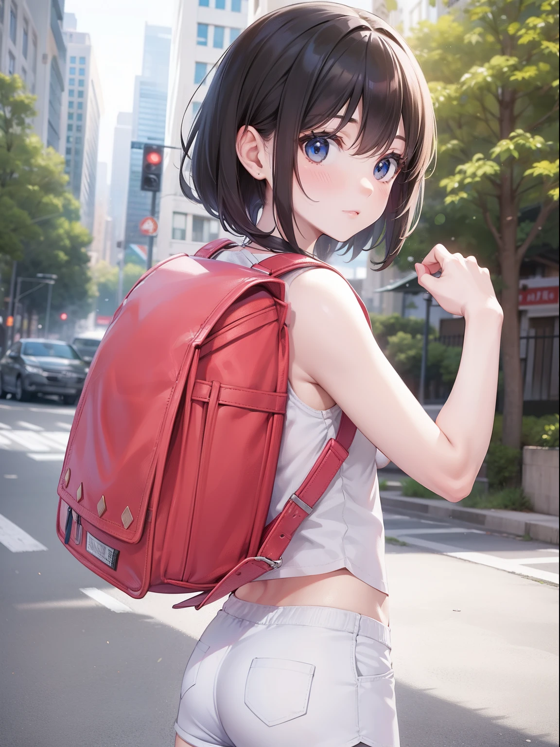 Eine junge Frau trägt ein weißes Tanktop, kurze Hosen, carry randoseru Rucksack, (Rucksack:1.0), draussen, Tag, realistischer Hintergrund, Straßen