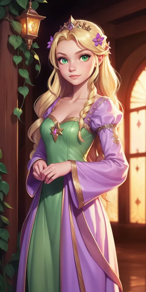 Flower Princess, Rapunzel, Beautiful, Glowing yellow glow, Long blonde hair, Green eyes, Lilac dress, Green ivy, Nice young face...
