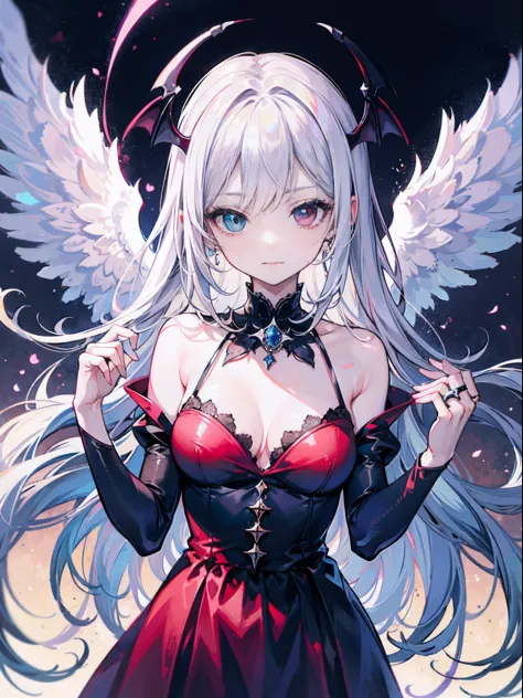 A vampire angel that looks sacred，Her eyes are heterochromia, Beautiful body like a vampire all over the body.，Angel metal ring on head，On the head are vampire wings, Eta、Vampires have white holy angel wings。