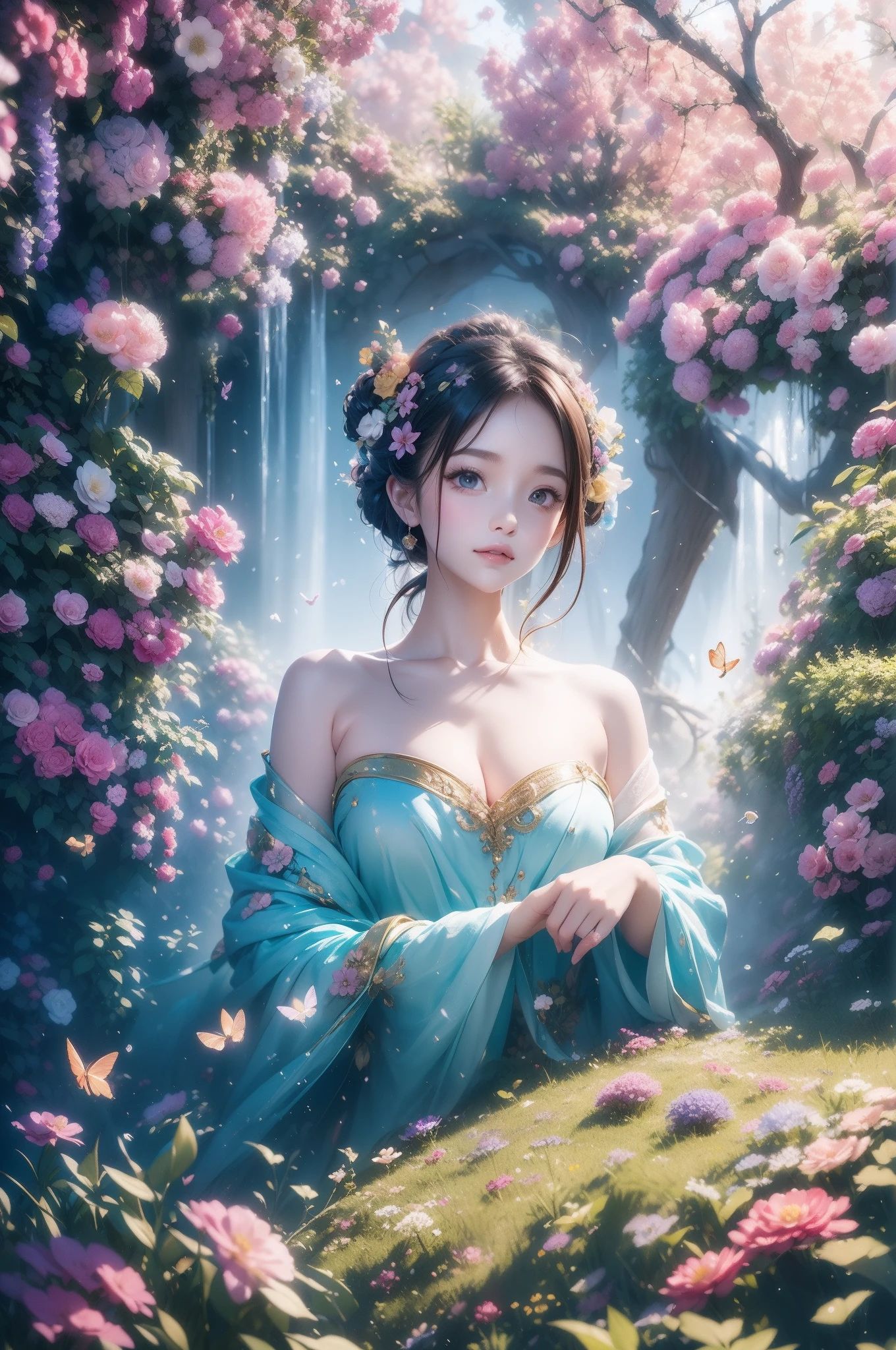1girl, solo, full body, (masterpiece:1.21), (best quality:1.2), colorful, (illustration:1.2), (cinematic lighting:1.1), (bare shoulders:1.21), (collarbone:1.21) in this whimsical A beautiful and dreamlike garden, the scene is illuminated by a rainbow (colorful fireflies) dancing in the air. Pastel (drizzle) adorns the garden, creating a hazy and ethereal atmosphere. In the center of the picture, stands a single girl, an extremely beautiful girl, with lovely facial features and an innocent expression. Her long hair fluttered in the wind. She wore a low-cut strapless dress that accentuated her curves. The lighting is very delicate and beautiful, creating a soft warm glow that accentuates the water and makes it sparkle like a diamond. The finest grasses are also illuminated to create a lush carpet. The garden is surrounded by colorful flower fields with flowers of all colors and shapes. Various colors and sizes (coloured butterflies) can be seen flying around the scene, adding to the overall sense of wonder and magic. (Everyone, judges), a blush can be seen on the bridge of the nose, and the mouth is slightly opened, which adds to the overall sense of innocence and youth. Falling petals can be seen waving around her, adding to the overall sense of romance and beauty. The breeze is blowing, the leaves are rustling, and the flowers are swaying, adding to the overall dynamism and vitality. It is a scene of pure wonder and magic, full of color and beauty, where the viewer can lose themselves in this enchanting and captivating world.