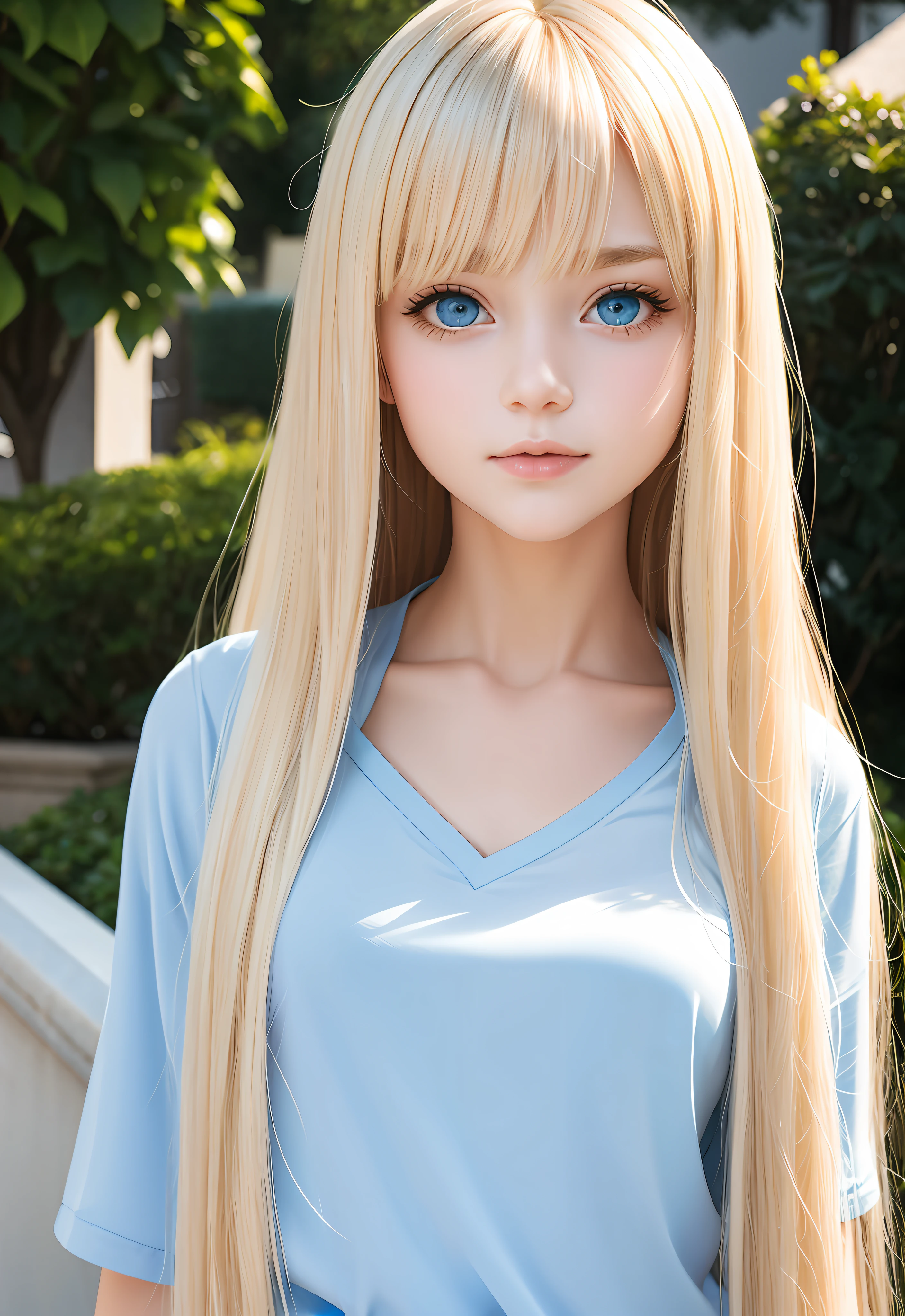 Unparalleled beauty, shiny shiny firm and shiny skin, bangs between eyes, shiny straight beautiful platinum blonde, super long straight silky hair, eyeliner, sexy beautiful innocent 14 years old, high definition big big light blue eyes, beautiful and lovely girl, baby face, short sleeve shirt