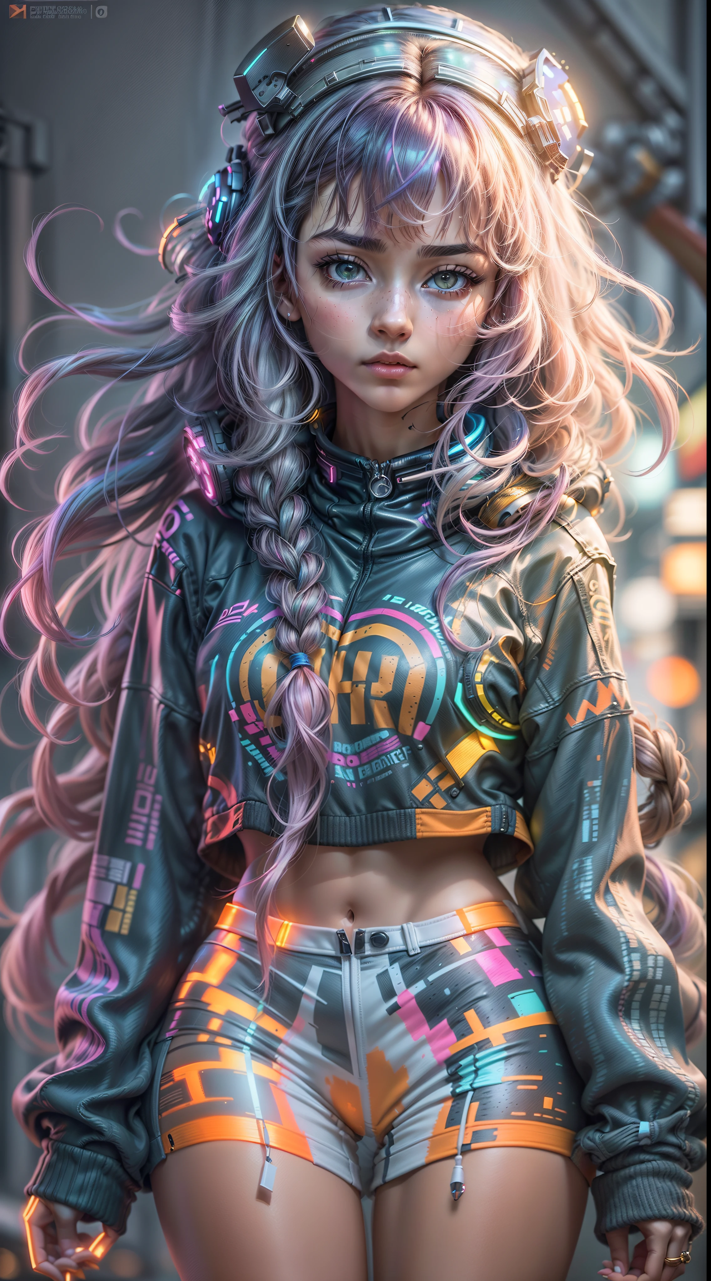 (Masterpiece artwork, best qualityer, 1girl, 独奏, details Intricate, chromatic aberration), realisitic, ((Medium Breathment)), long hair, cabelo roxo, purple head ornament, purple highlights, hair over one eye, greeneyes, sharp looking eyes, choker, neon shirt, ripped legwear, open jacket, crop turtleneck sweater, against wall, brick wall, graffit, dim lighting, beco, lookin at viewer,((8k photography)), HDR ,super realistico,RAW, HYPER-REALISTIC DETAILS, (cinematic style)bright coloured