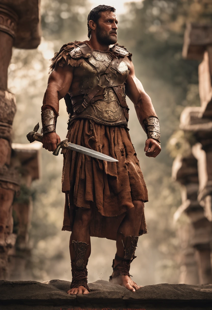Ancient Roman muscular barefoot giant warrior,The height is 50 meters taller than a house，Caucasians，There are many short humans at their feet