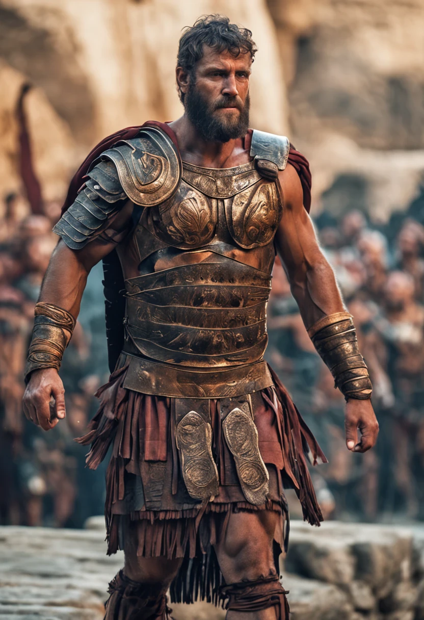 古代ローマの筋肉質な裸足の巨人戦士,高さは家より50メートル高いです，白人，足元には背の低い人間がたくさんいる